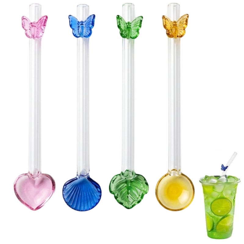 Two-in-one reusable glass straws and spoons decorated with cute charms, clear drinking straws for juices, coffee, milk and cocktails, set of 4 curved straws (colorful butterfly) 12cm - Image 1