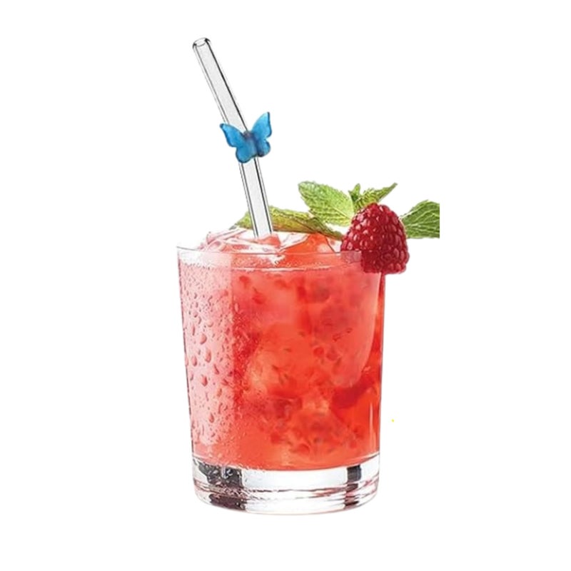 Two-in-one reusable glass straws and spoons decorated with cute charms, clear drinking straws for juices, coffee, milk and cocktails, set of 4 curved straws (colorful butterfly) 12cm - Image 2