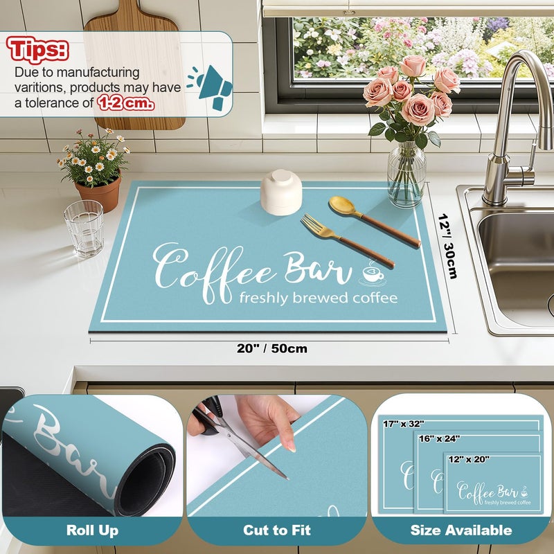 Findosom Dish Drying Mat, 12"x 20" Super Absorbent & Hide Stain Coffee Mat, Cuttable Drying Mat for Kitchen Counter, Coffee Bar Accessories, Under Dish Rack, Coffee Maker, Espresso Machine, Blue - Image 2