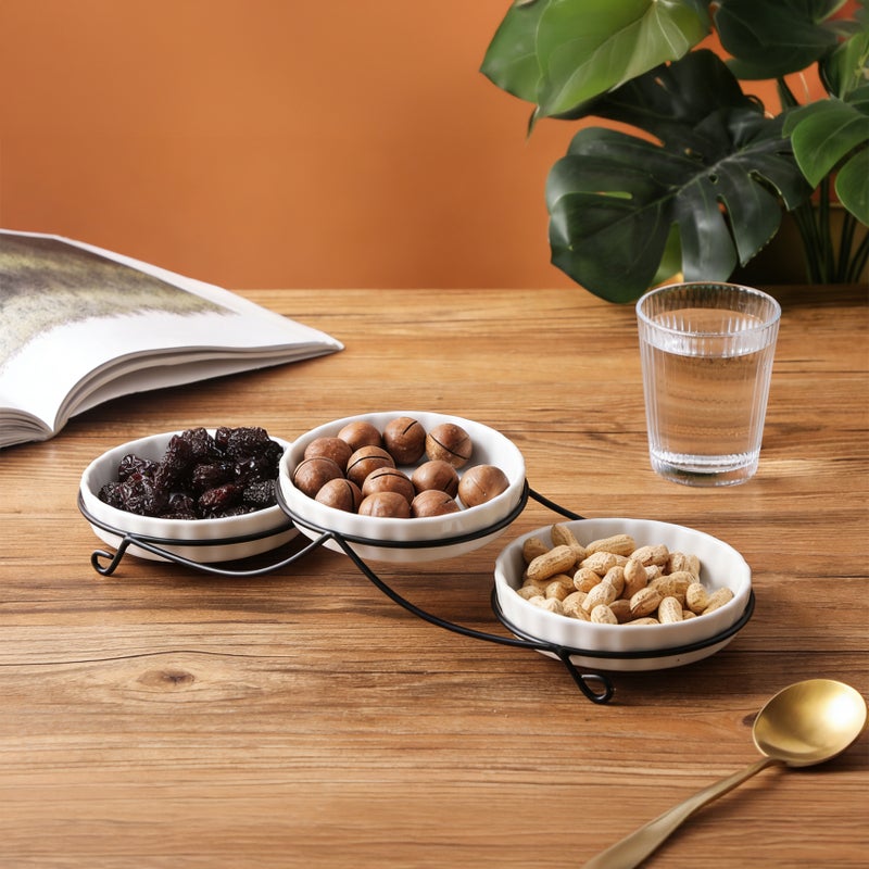 Shallow 3PCS Round Porcelain Bowl Set with Metal Stand  14cm White Serving Bowls for Dates, Snacks & Desserts | Ramadan, Eid, Diwali, Festive Hosting & Gifting - Image 4