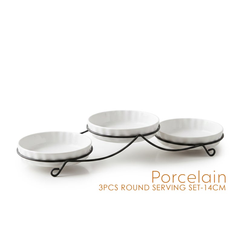 Shallow 3PCS Round Porcelain Bowl Set with Metal Stand  14cm White Serving Bowls for Dates, Snacks & Desserts | Ramadan, Eid, Diwali, Festive Hosting & Gifting - Image 5