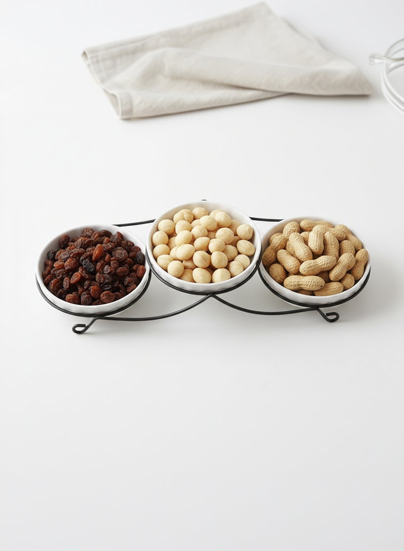 Shallow 3PCS Round Porcelain Bowl Set with Metal Stand – 14cm White Serving Bowls for Dates, Snacks & Desserts | Ramadan, Eid, Diwali, Festive Hosting & Gifting - Image 4