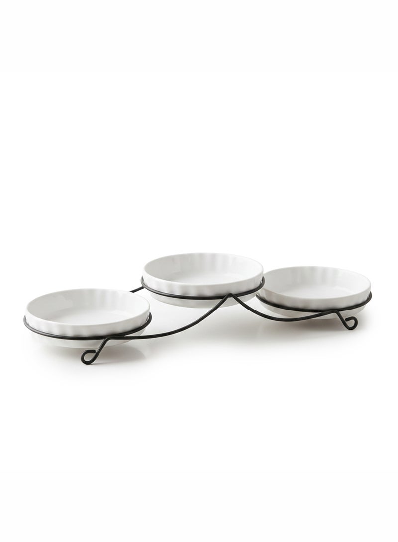 Shallow 3PCS Round Porcelain Bowl Set with Metal Stand – 14cm White Serving Bowls for Dates, Snacks & Desserts | Ramadan, Eid, Diwali, Festive Hosting & Gifting - Image 1