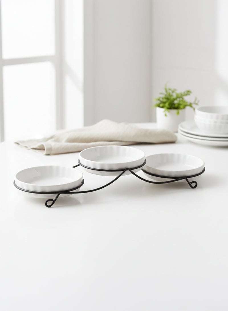 Shallow 3PCS Round Porcelain Bowl Set with Metal Stand – 14cm White Serving Bowls for Dates, Snacks & Desserts | Ramadan, Eid, Diwali, Festive Hosting & Gifting - Image 2