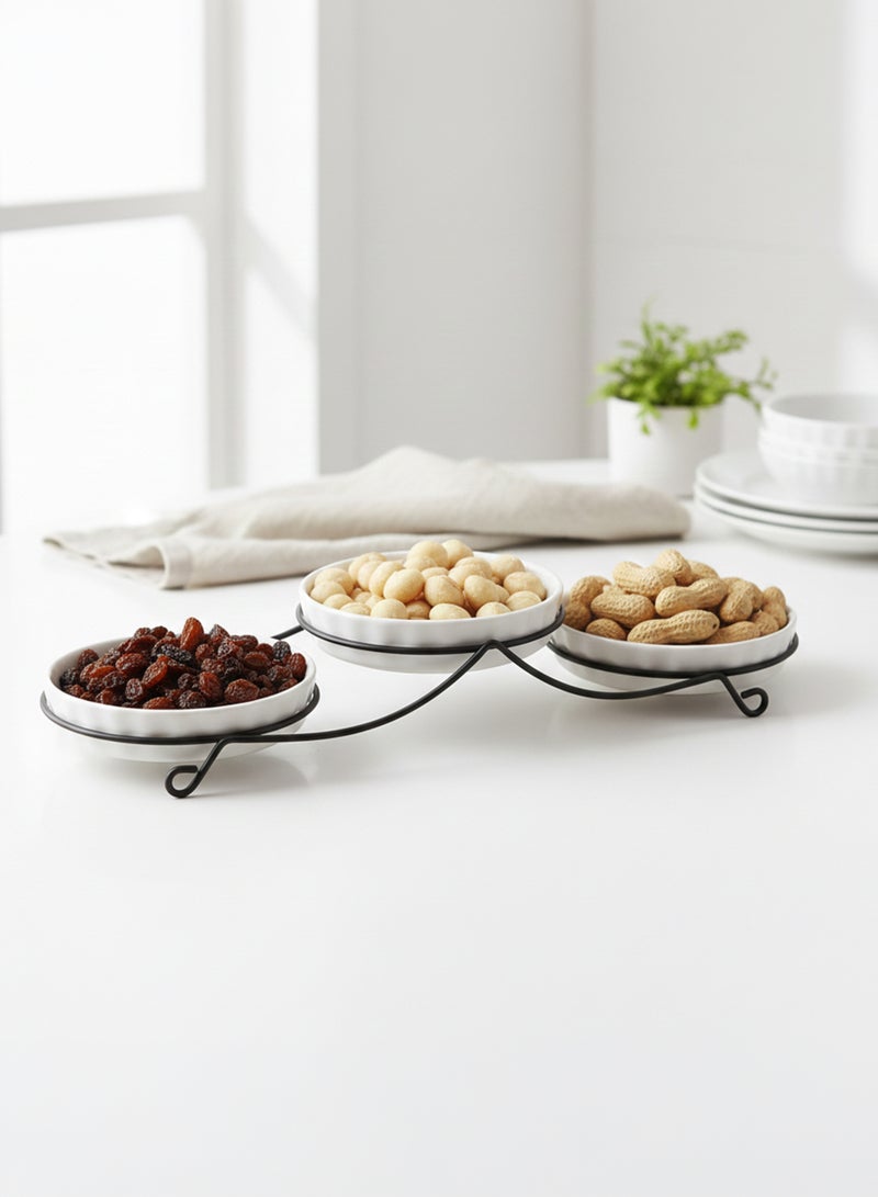 Shallow 3PCS Round Porcelain Bowl Set with Metal Stand – 14cm White Serving Bowls for Dates, Snacks & Desserts | Ramadan, Eid, Diwali, Festive Hosting & Gifting - Image 3