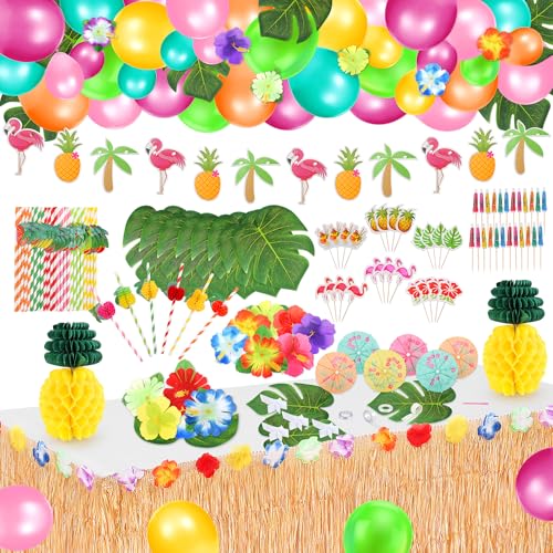 Fighting to Achieve 165PCS Hawaiian Luau Party Decoration Tropical Beach Party Decorations with Balloons Aloha Party Decor Summer Pool Party Supplies with Hawaii Table Skirt - Image 1