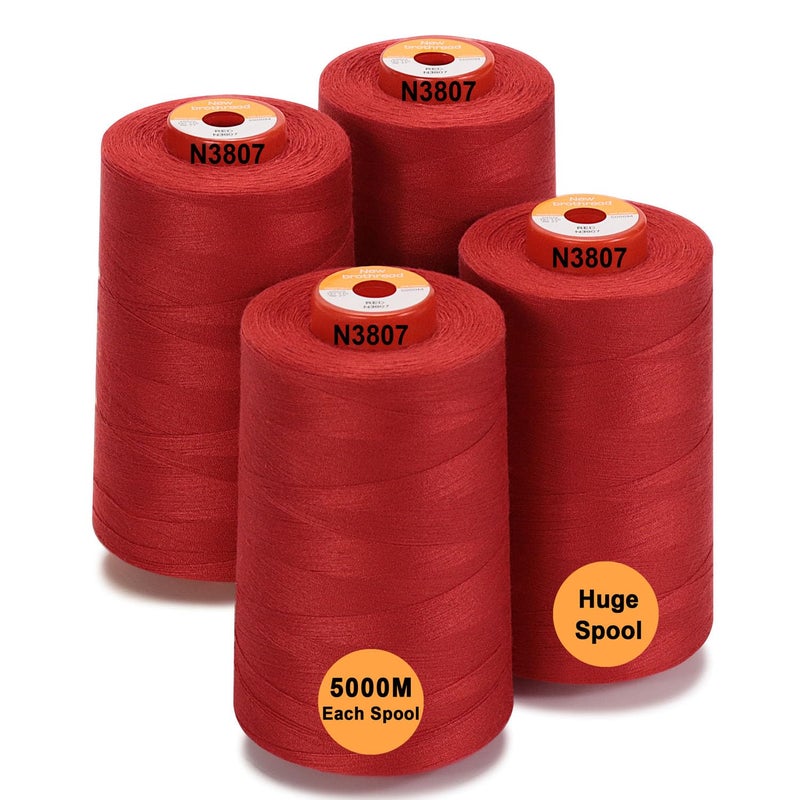 New brothread  30 Options  4 Large Cones of 5500Y 5000M Each All Purpose Spun Polyester Thread 40S2 Tex27 for Serger Overlock Quilting Piecing and Sewing  Red