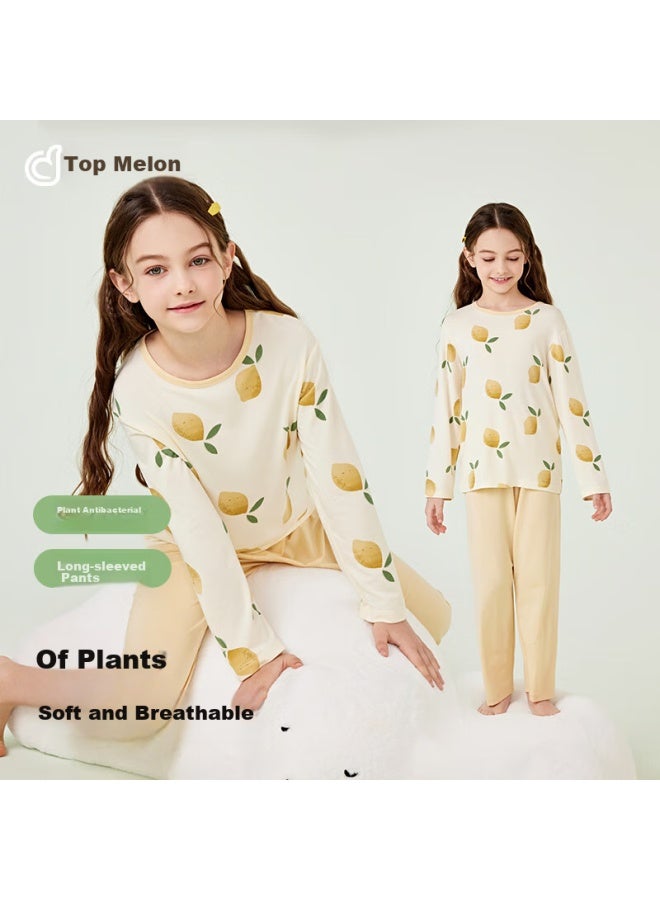 Dingguagua Children's Pajamas, Spring And Summer Thin Modal Long-sleeve Girls' Home Wear Set, Breathable, Beige, Size 120