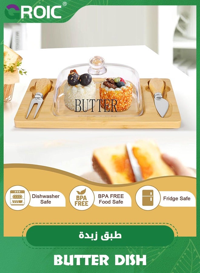 جرويك er Dish with Glass Lid, Bamboo Base, Square Clear er Dish with Handle,er Keeper Saver with Cover for Table, Kitchen Countertop,er Keeper Container Storage with Double Knife - Image 2