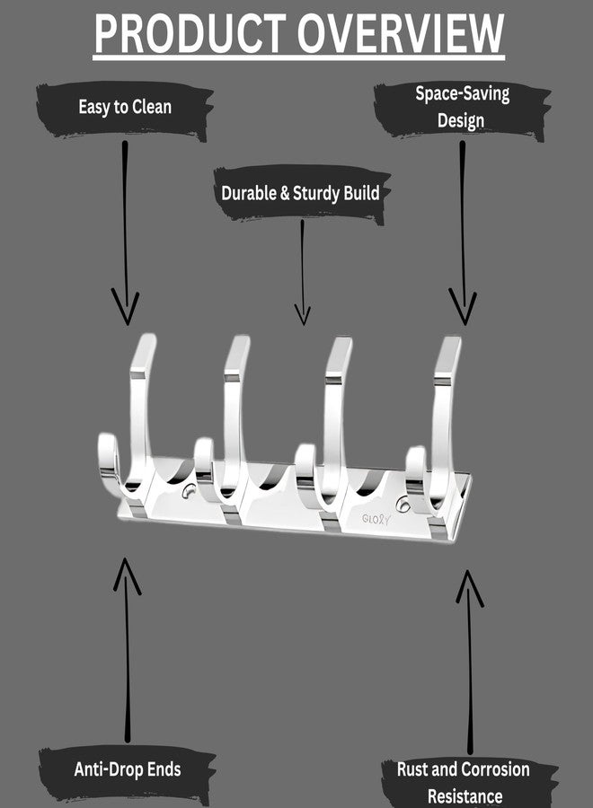 GLOXY Stainless Steel Bathroom Accessories 4 Hooks Plate, Wall Mount Door Back Hanger Pins for Hanging Cloth Set, Shirt Bar & Towel Rack, Robe, Key 4 Pin khutti(Silver, Pack of 4) - Image 3