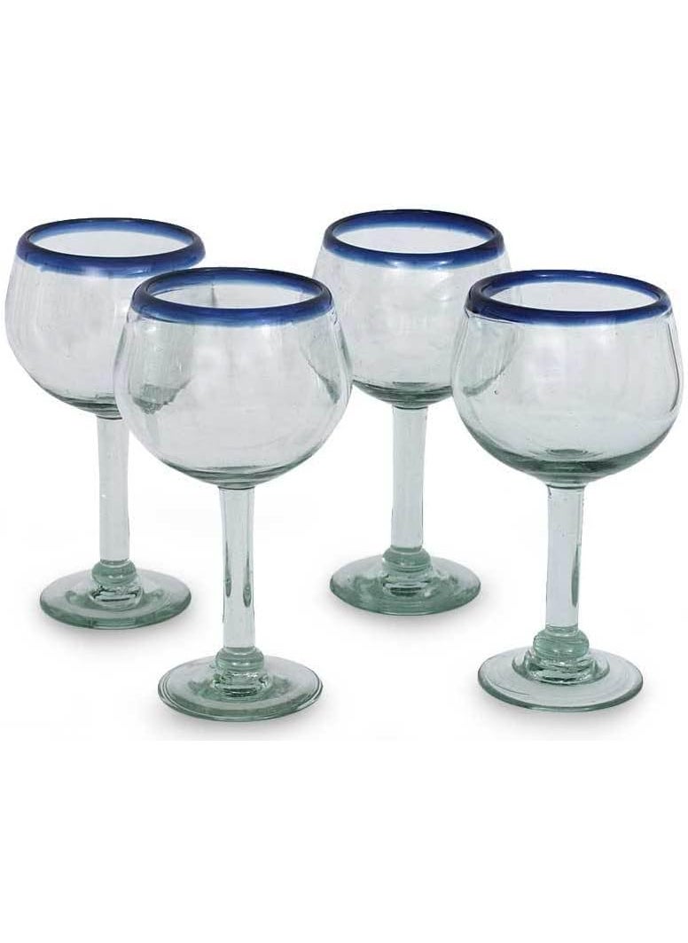 NOVICA NOVICA Hand Blown Clear Blue Recycled Glass Wine Glasses 12 Oz Sapphire Globe Set Of 4  - Image 1