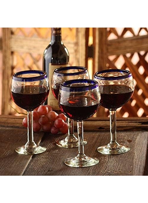 NOVICA NOVICA Hand Blown Clear Blue Recycled Glass Wine Glasses 12 Oz Sapphire Globe Set Of 4  - Image 2
