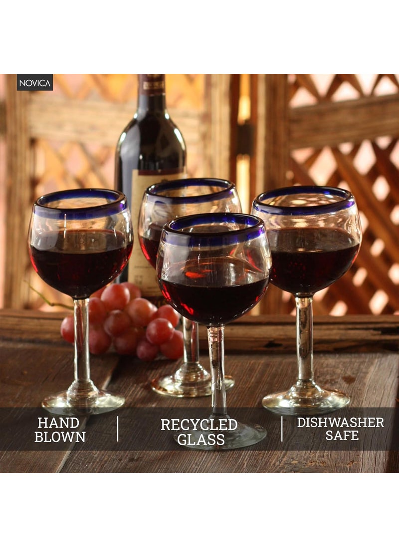 NOVICA NOVICA Hand Blown Clear Blue Recycled Glass Wine Glasses 12 Oz Sapphire Globe Set Of 4  - Image 4