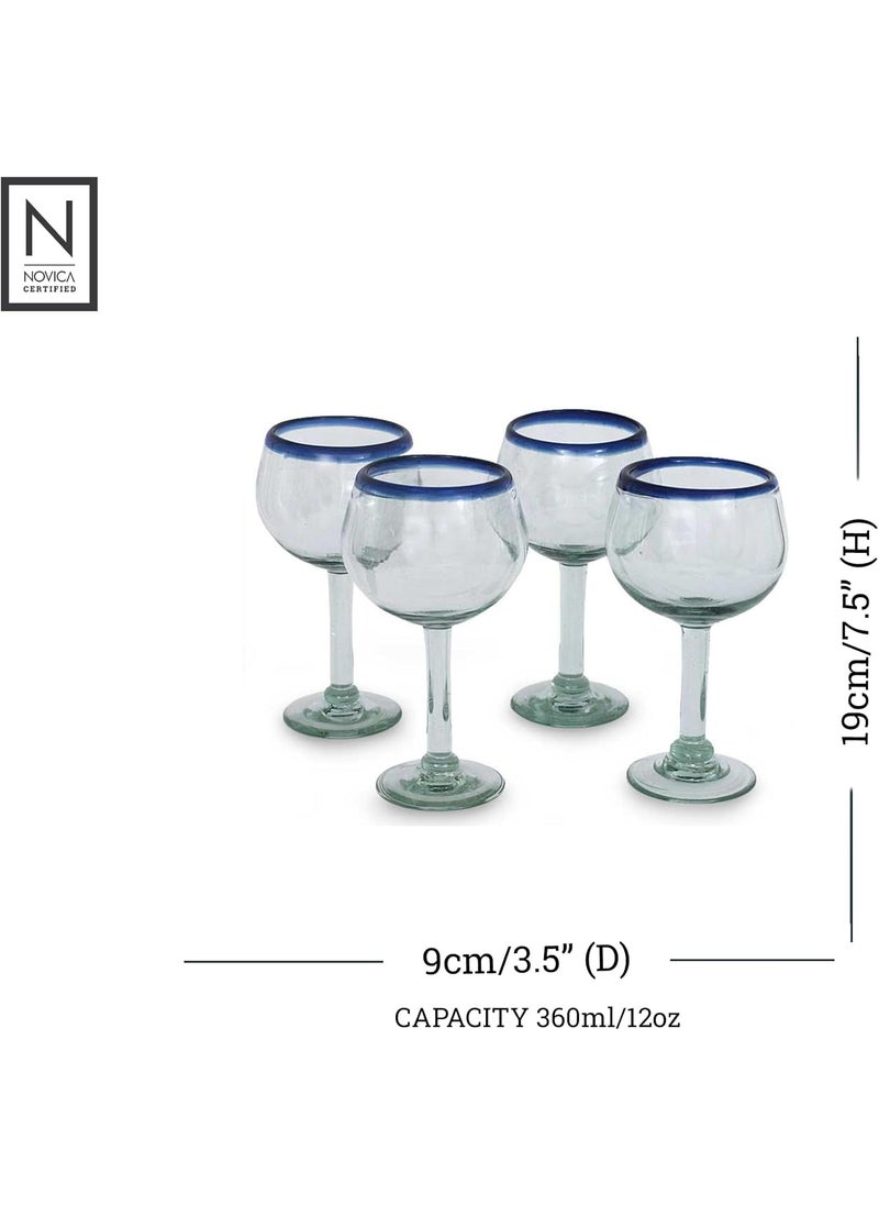 NOVICA NOVICA Hand Blown Clear Blue Recycled Glass Wine Glasses 12 Oz Sapphire Globe Set Of 4  - Image 3