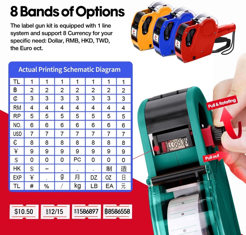 KPX MX5500 Pricing Tag Gun with 5150 pcs Sticker Labels & Extra Inker, 8 Digits Tag Maker for Retail Shop, Grocery Store (Green) - Image 3