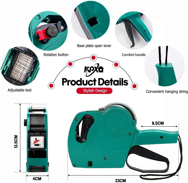 KPX MX5500 Pricing Tag Gun with 5150 pcs Sticker Labels & Extra Inker, 8 Digits Tag Maker for Retail Shop, Grocery Store (Green) - Image 2