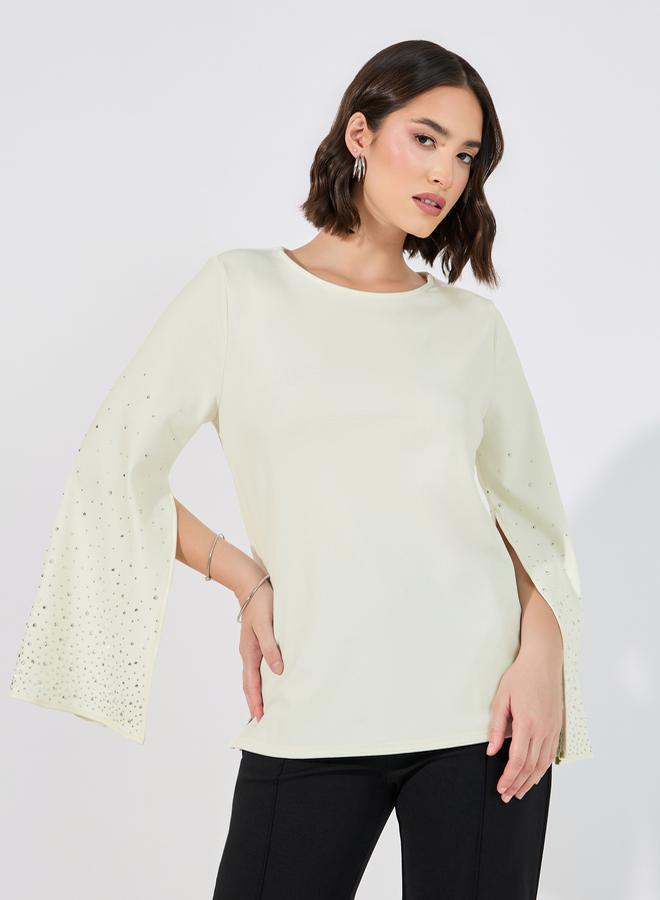 Styli Embellished Slit Sleeves Round Neck Blouse  - Image 1
