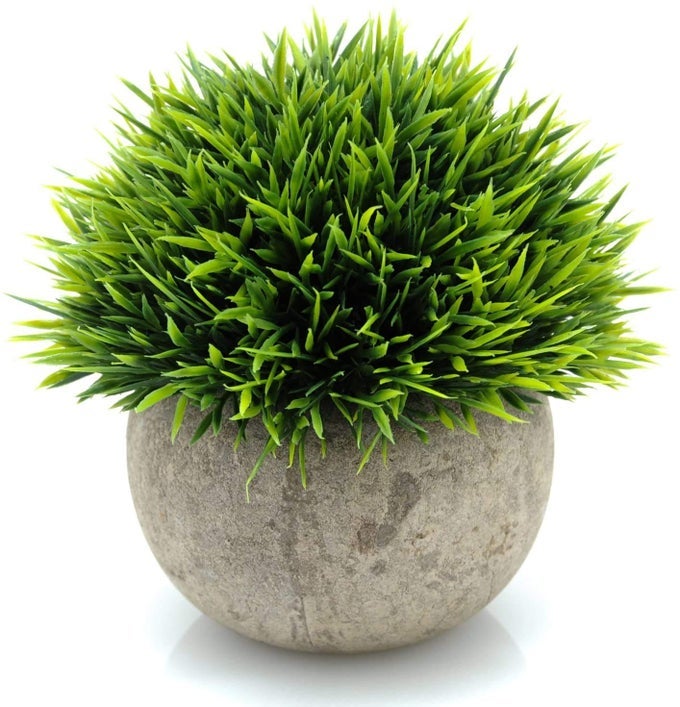 Mini Plastic Fake Green Grass Plant with Pot Topiary Ball Small Fake Plant Round PaperMache Pot for Indoor Office Kitchen Bathroom and Living Room Decor