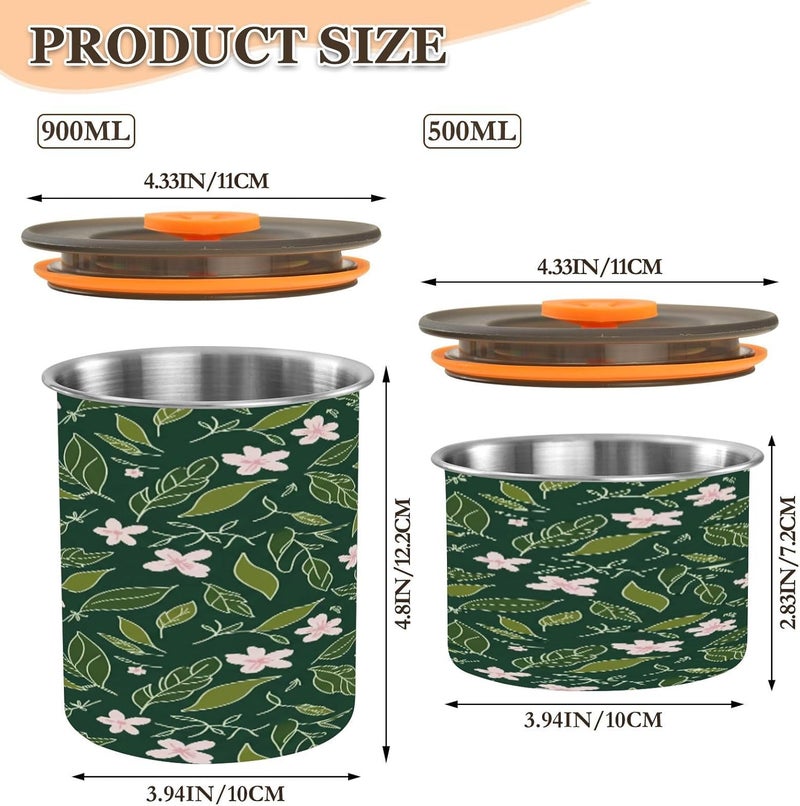 Olive Green Leaves Flowers Airtight Food Storage Containers, 30 oz Stainless Steel Canisters with One-Touch Seal for Coffee, Flour, Sugar, Dry Food Kitchen Stackable Pantry Storage Jars - Image 3