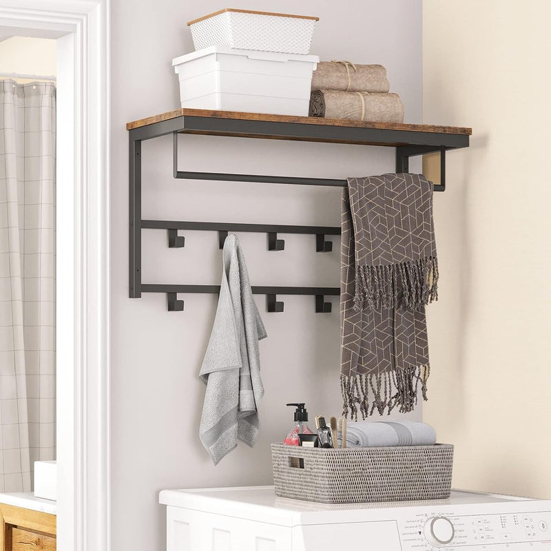HOOBRO Wall Mounted Coat Rack with Shelf, Coat Hook with 10 Hooks and Shelf, 80 x 30 x 42 cm, Hanging Shelf, for Entryway, Bathroom, Living Room, Laundry Room, Rustic Brown EBF12YM01 - Image 4
