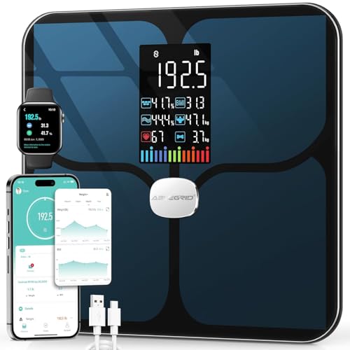 ABLEGRID Body Fat Scale,Digital Smart Bathroom Scale for Body Weight, Large Color Display Screen, 16 Body Composition Metrics BMI, Water Weigh, Heart Rate, Baby Mode, 400lb, Rechargeable - Image 1