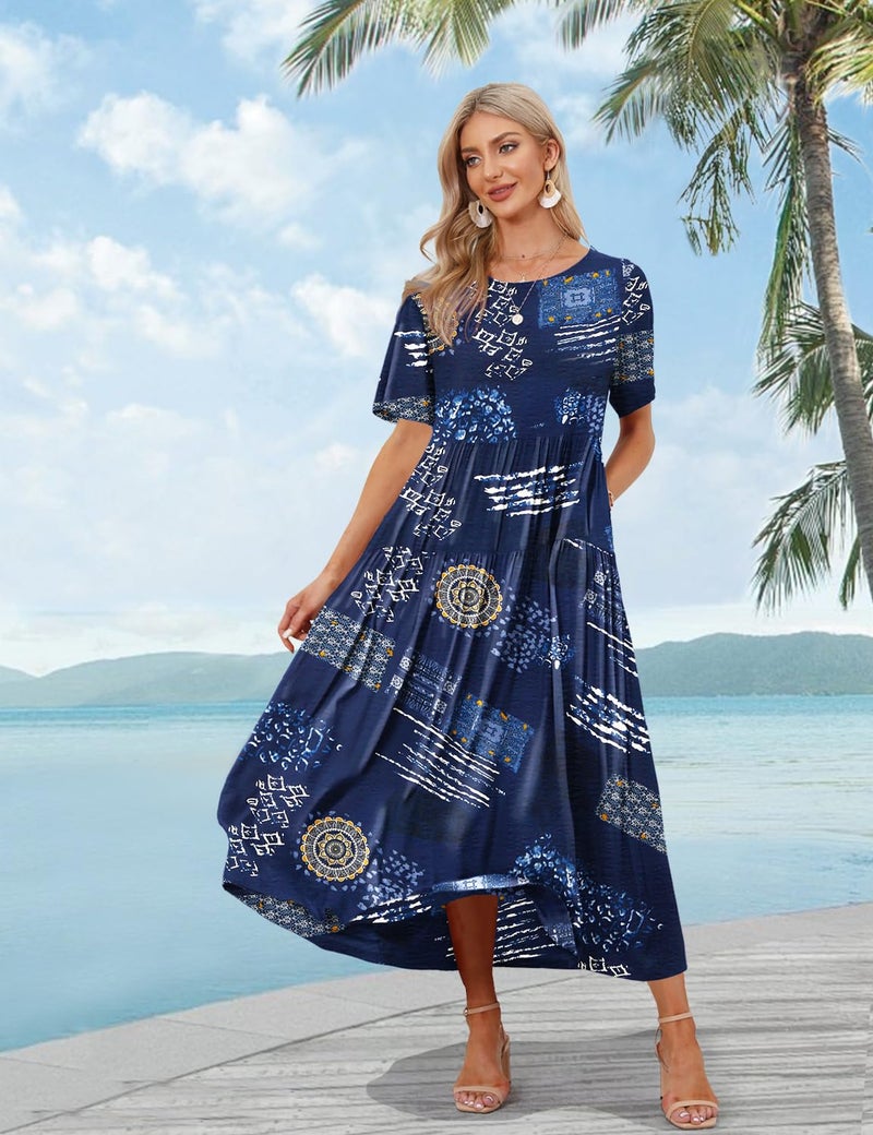 YESNO Women Casual Loose Bohemian Floral Dress with Pockets Short Sleeve Long Maxi Summer Beach Swing Dress 2XL EJF CR176 - Image 2