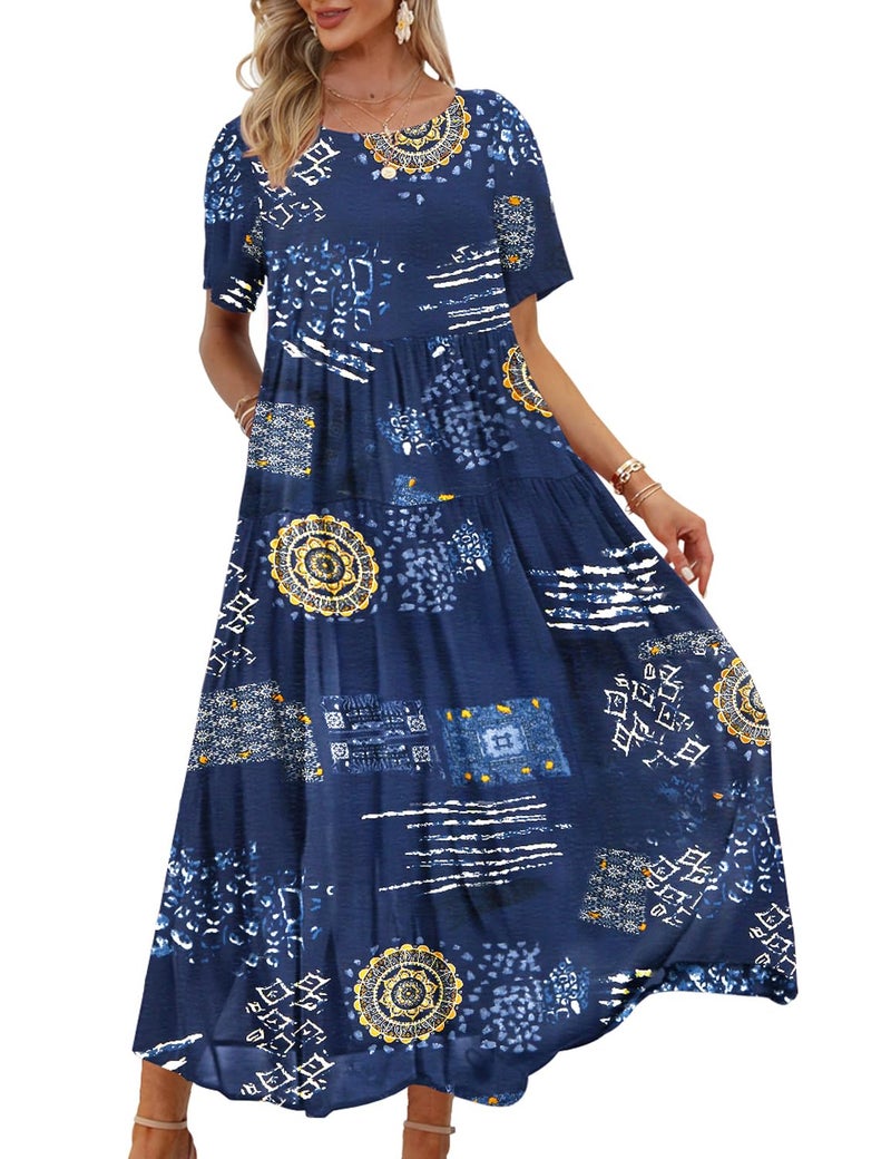 YESNO Women Casual Loose Bohemian Floral Dress with Pockets Short Sleeve Long Maxi Summer Beach Swing Dress 2XL EJF CR176 - Image 1