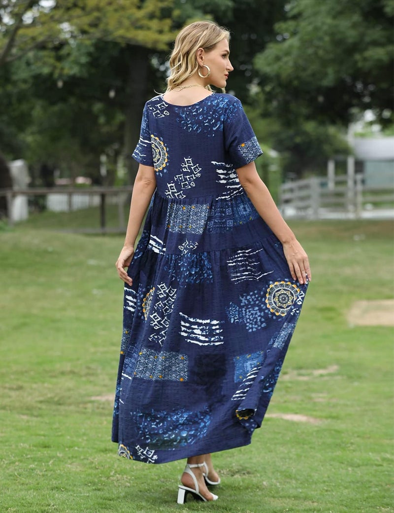 YESNO Women Casual Loose Bohemian Floral Dress with Pockets Short Sleeve Long Maxi Summer Beach Swing Dress 2XL EJF CR176 - Image 4