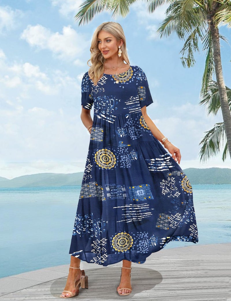 YESNO Women Casual Loose Bohemian Floral Dress with Pockets Short Sleeve Long Maxi Summer Beach Swing Dress 2XL EJF CR176 - Image 3