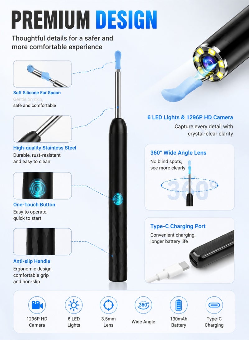 PGG Earwax Removal Visual Ear Pick Wireless Wifi Endoscope HD Ear Pick Wi-Fi Visible Earwax Removal Spoon for iPhone, iPad, Android Phone - Image 4