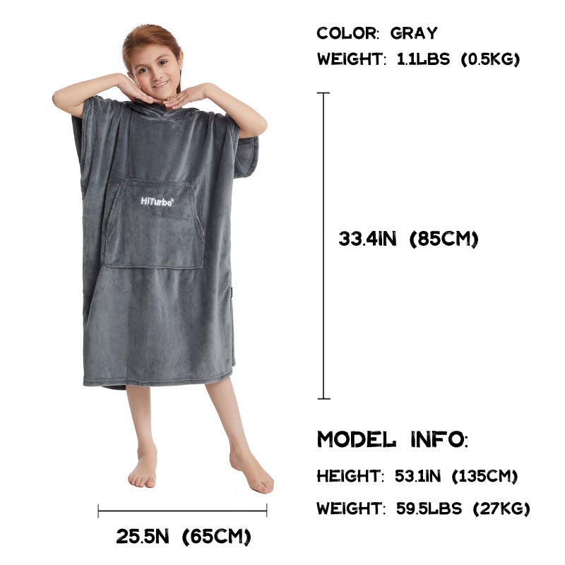 Hiturbo Kids Towel Changing Robe: Soft Plush Bath Towels - Warm Coral Fleece Hoodie - Swim Surf Poncho for 5-12 Years (Grey) - Image 2