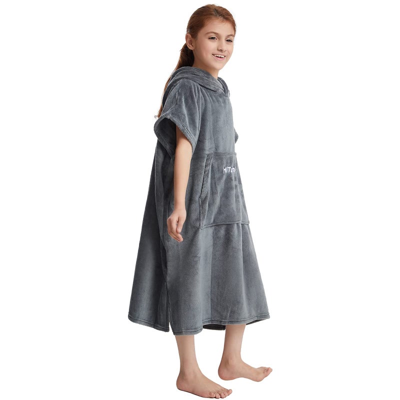 Hiturbo Kids Towel Changing Robe: Soft Plush Bath Towels - Warm Coral Fleece Hoodie - Swim Surf Poncho for 5-12 Years (Grey) - Image 3
