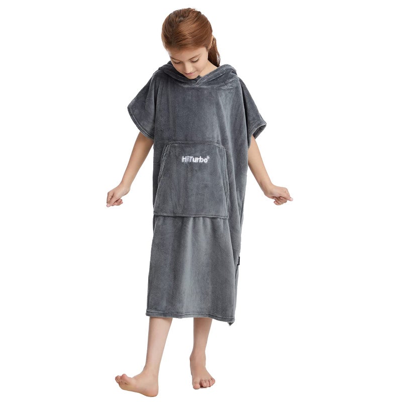 Hiturbo Kids Towel Changing Robe: Soft Plush Bath Towels - Warm Coral Fleece Hoodie - Swim Surf Poncho for 5-12 Years (Grey) - Image 4