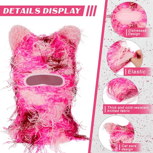 Newcotte Pink Distressed Balaclava Cat Ear Ski Mask Shiesty Knitted Beanie Full Face Mask Furry Winter Neck Warmer for Men Women - Image 4