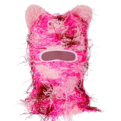Newcotte Pink Distressed Balaclava Cat Ear Ski Mask Shiesty Knitted Beanie Full Face Mask Furry Winter Neck Warmer for Men Women - Image 1