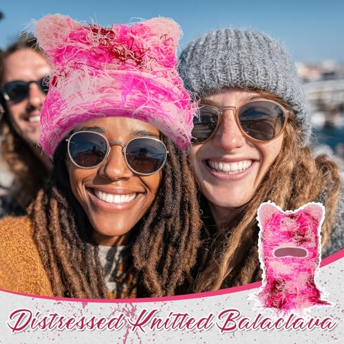 Newcotte Pink Distressed Balaclava Cat Ear Ski Mask Shiesty Knitted Beanie Full Face Mask Furry Winter Neck Warmer for Men Women - Image 5