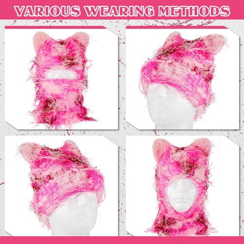 Newcotte Pink Distressed Balaclava Cat Ear Ski Mask Shiesty Knitted Beanie Full Face Mask Furry Winter Neck Warmer for Men Women - Image 3
