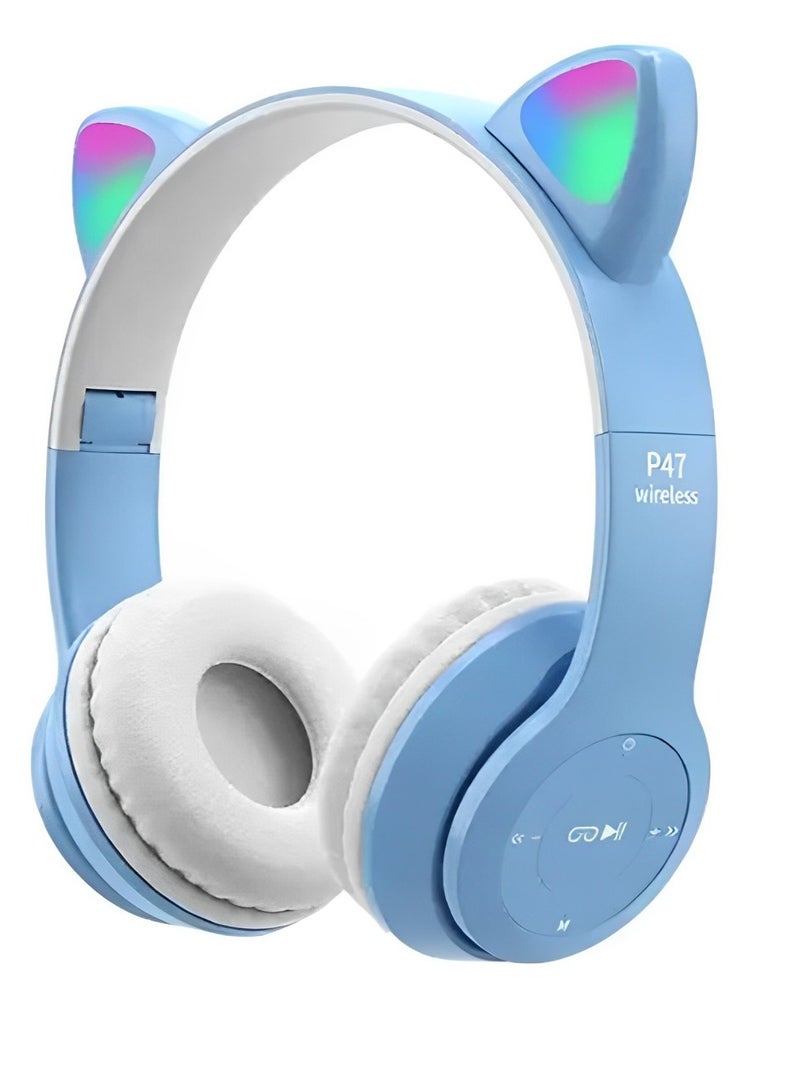 سماعة رأس لاسلكية للألعاب، سماعات أذن بلوتوث 5.0 للقطط، سماعات رأس للأطفال، سماعات رأس بلوتوث مضيئة فوق الأذن للأطفال والكبار (أزرق) - Image 1