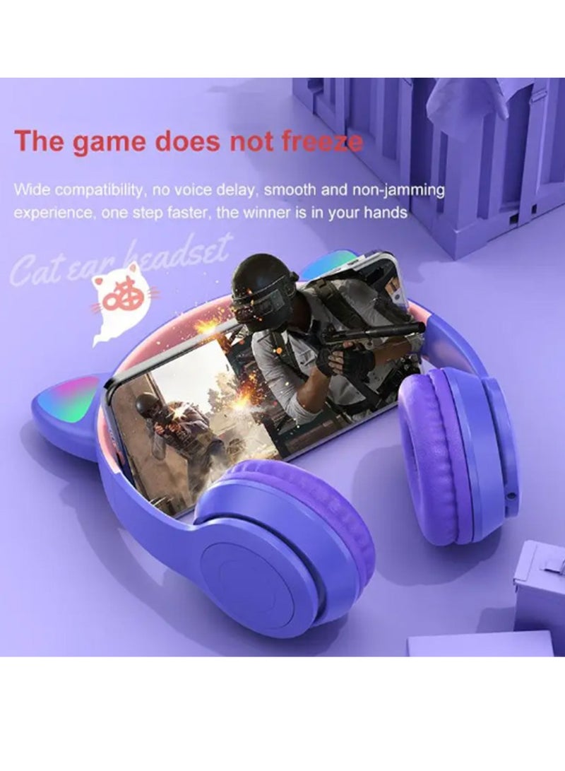 سماعة رأس لاسلكية للألعاب، سماعات أذن بلوتوث 5.0 للقطط، سماعات رأس للأطفال، سماعات رأس بلوتوث مضيئة فوق الأذن للأطفال والكبار (أزرق) - Image 3