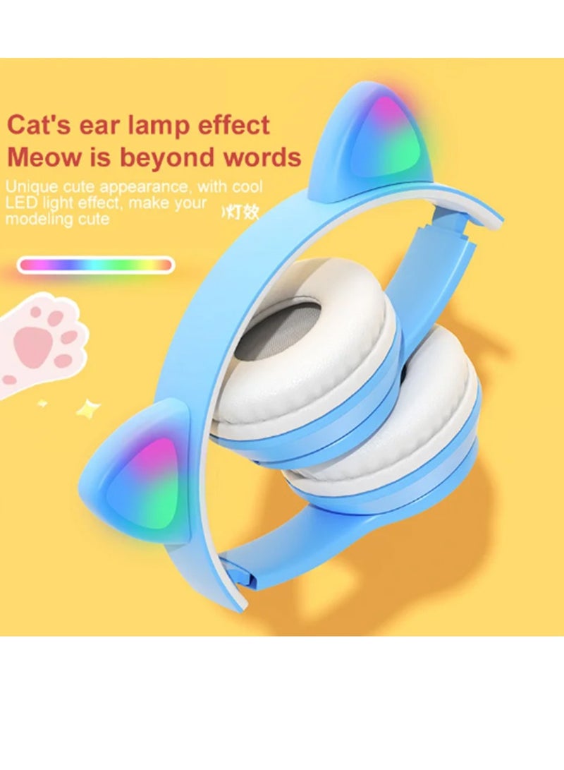 سماعة رأس لاسلكية للألعاب، سماعات أذن بلوتوث 5.0 للقطط، سماعات رأس للأطفال، سماعات رأس بلوتوث مضيئة فوق الأذن للأطفال والكبار (أزرق) - Image 2