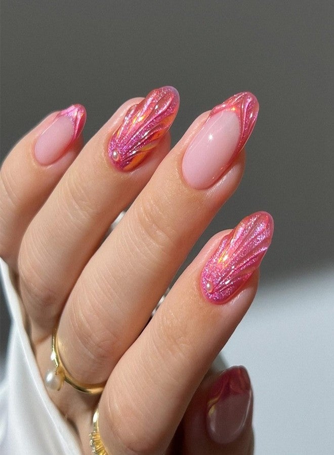 OFDNE Medium Almond Press on Nails OFDNE 3D French Tip Fake Nails Pink False Nails with Shell Pearls Glitter Designs Summer Stick on Nails Glossy Glue on Nails for Women Girls 24Pcs - Image 1