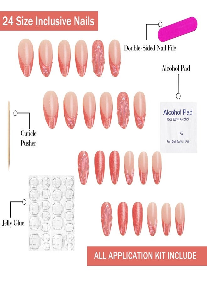 OFDNE Medium Almond Press on Nails OFDNE 3D French Tip Fake Nails Pink False Nails with Shell Pearls Glitter Designs Summer Stick on Nails Glossy Glue on Nails for Women Girls 24Pcs - Image 2