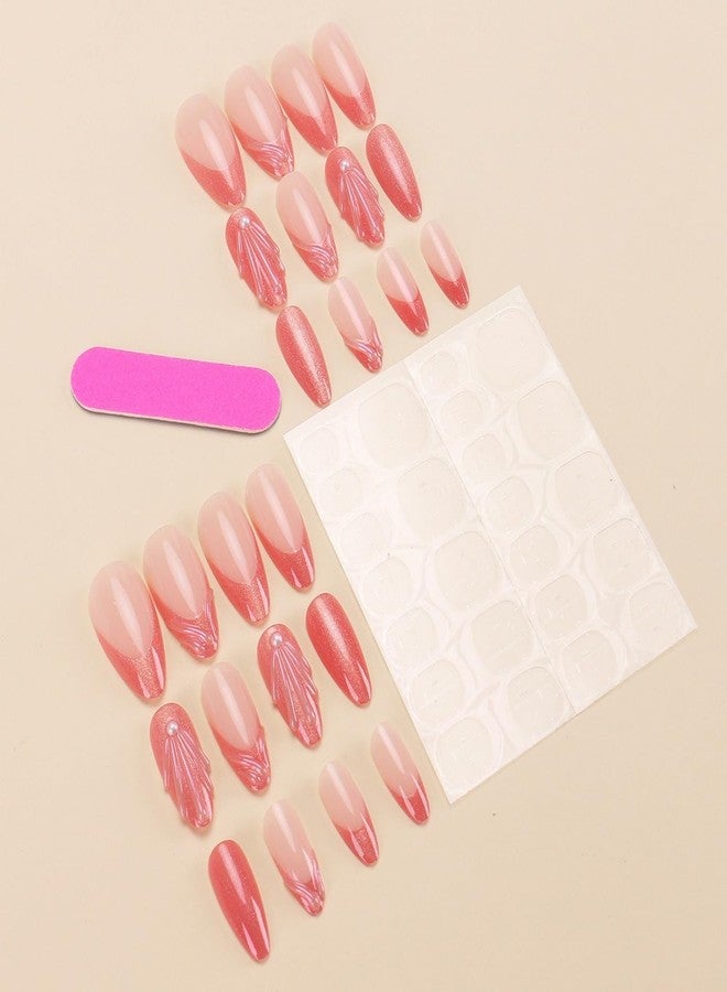 OFDNE Medium Almond Press on Nails OFDNE 3D French Tip Fake Nails Pink False Nails with Shell Pearls Glitter Designs Summer Stick on Nails Glossy Glue on Nails for Women Girls 24Pcs - Image 3