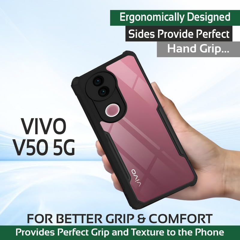 AIBEX® Compatible for Vivo T4R 5G / iQOO Z10R 5G / Vivo V50e 5G / Vivo V50 5G Mobile Back Case Cover, Crystal-Clear Shockproof Bumper with Camera Guard |TPU+PC| Anti-Yellow, Slim Transparent – Black - Image 3
