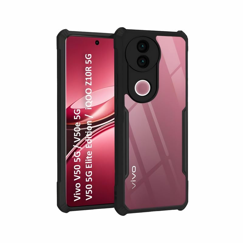 AIBEX® Compatible for Vivo T4R 5G / iQOO Z10R 5G / Vivo V50e 5G / Vivo V50 5G Mobile Back Case Cover, Crystal-Clear Shockproof Bumper with Camera Guard |TPU+PC| Anti-Yellow, Slim Transparent – Black - Image 1