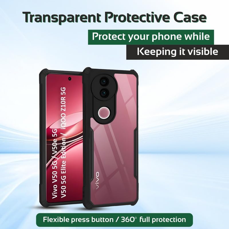 AIBEX® Compatible for Vivo T4R 5G / iQOO Z10R 5G / Vivo V50e 5G / Vivo V50 5G Mobile Back Case Cover, Crystal-Clear Shockproof Bumper with Camera Guard |TPU+PC| Anti-Yellow, Slim Transparent – Black - Image 5