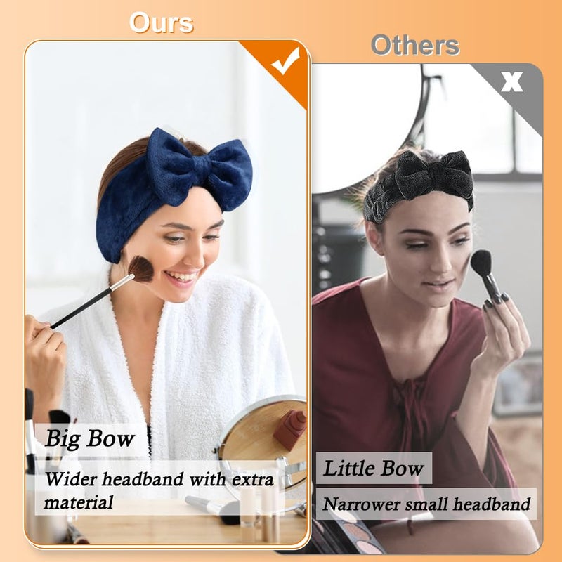 Shintop Face Wash Headband, Soft Spa Headband Carol Fleece Makeup Headwear with Cute Bow Elastic Hairband for Skincare Facial Mask Showersï¼ˆNavy blueï¼‰ - Image 2
