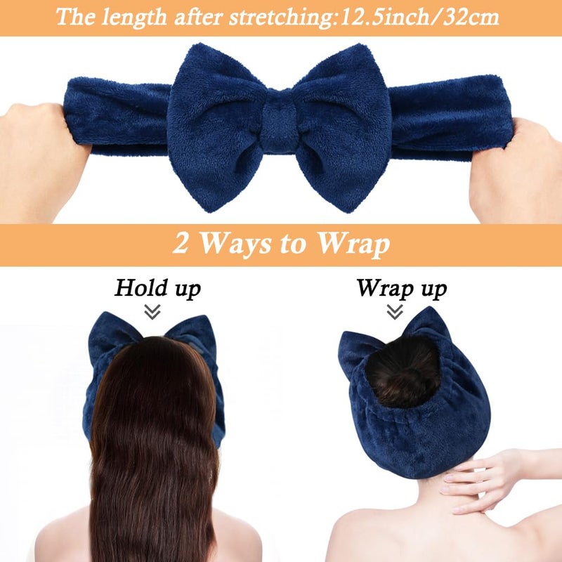 Shintop Face Wash Headband, Soft Spa Headband Carol Fleece Makeup Headwear with Cute Bow Elastic Hairband for Skincare Facial Mask Showersï¼ˆNavy blueï¼‰ - Image 3