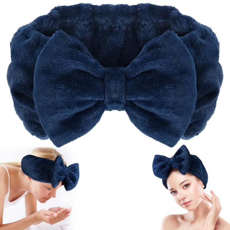 Shintop Face Wash Headband, Soft Spa Headband Carol Fleece Makeup Headwear with Cute Bow Elastic Hairband for Skincare Facial Mask Showersï¼ˆNavy blueï¼‰ - Image 1