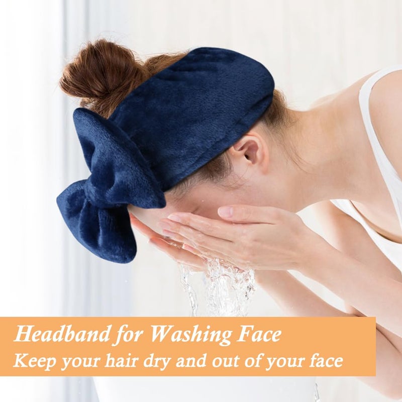Shintop Face Wash Headband, Soft Spa Headband Carol Fleece Makeup Headwear with Cute Bow Elastic Hairband for Skincare Facial Mask Showersï¼ˆNavy blueï¼‰ - Image 5